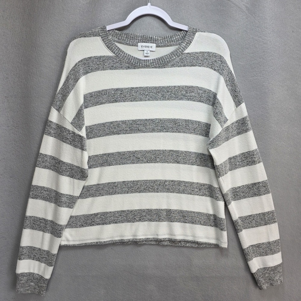 Evereve Striped Sweater Women S Round Neck Knit Pullover Short Puff Sleeve‎ Gray